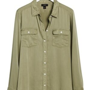 J. Crew Olive Green Silk Button Down Shirt, Size 12